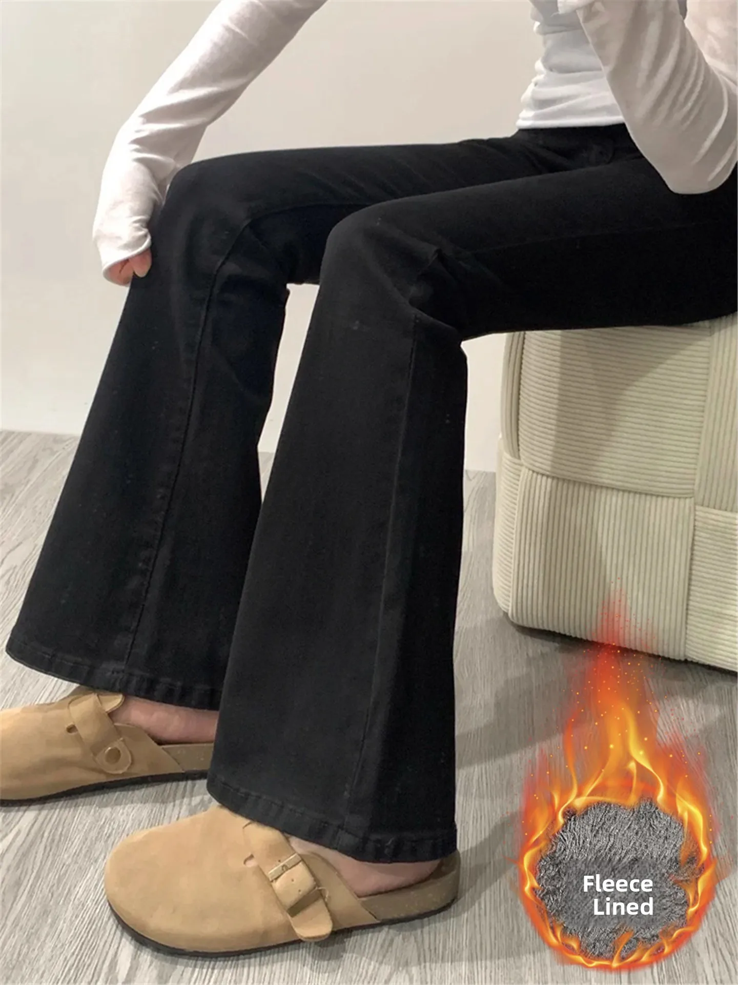 

Ретро-джинсы клеш в американском стиле для женщин, осенне-зимние, утепленные флисом, с высокой талией, облегающие, эластичные, длиной в пол