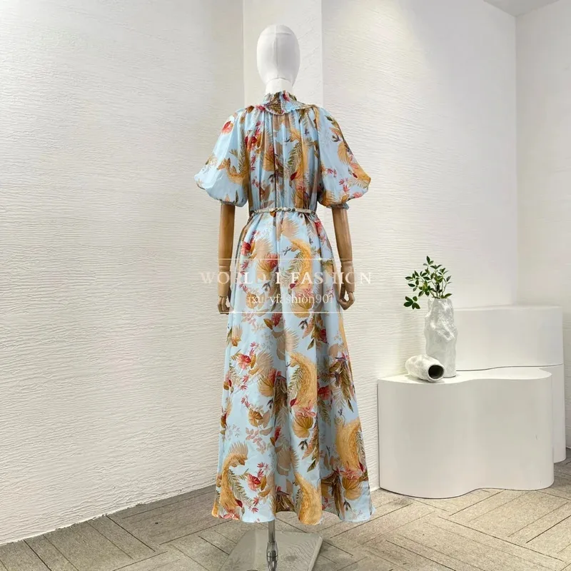 2025년 신상 여름 플로럴 프린트 반팔 빈티지 고급 실크 플리츠 스탠드 칼라 롱 드레스 여성용