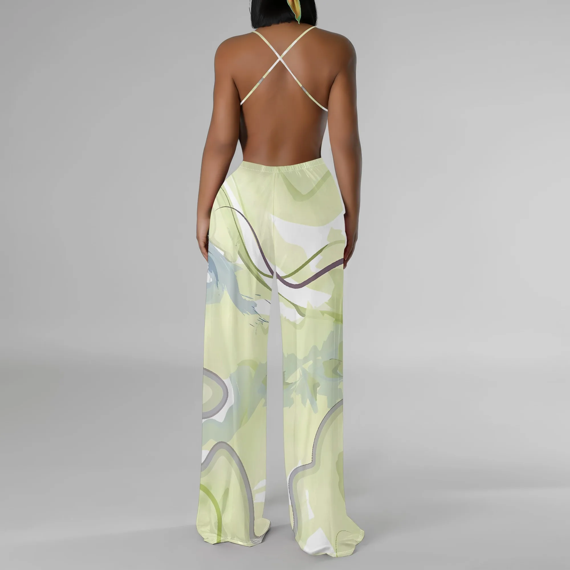 Nupusa Combinaison imprimée abstraite pour femme, tenue d'été décontractée, bretelles spaghetti, jambe large