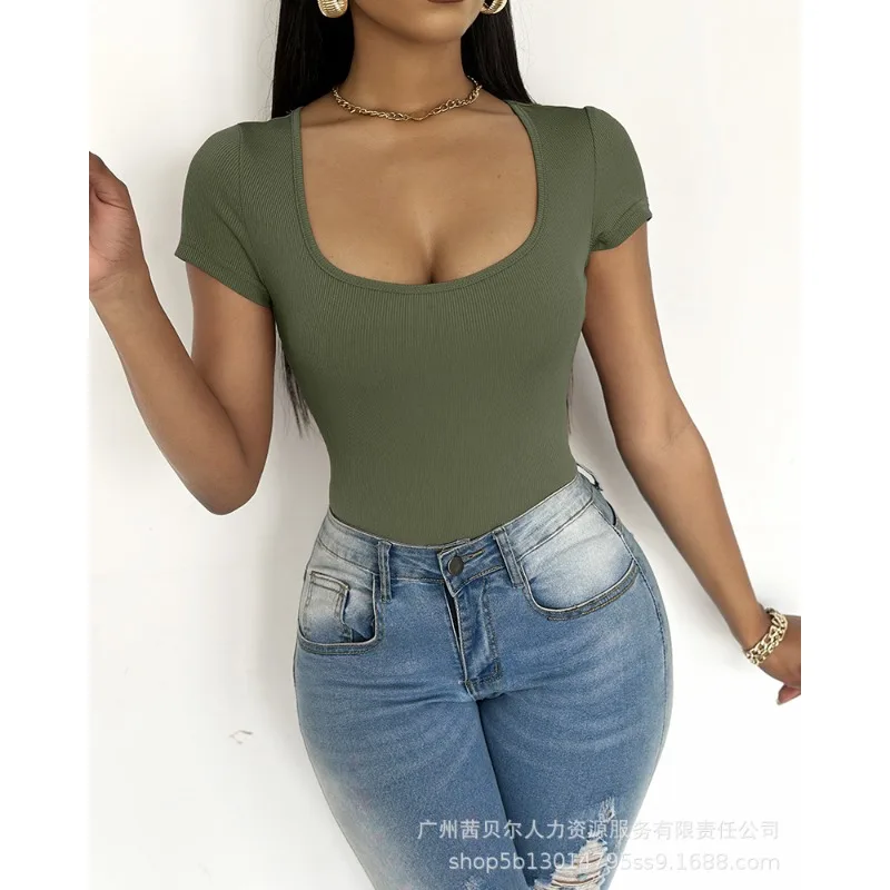 New Arrivals Retro Fashion Trend Spring Summer Women's Clothing Solid Color U Collar Short Sleeve Sexy Temperament Jumpsuit