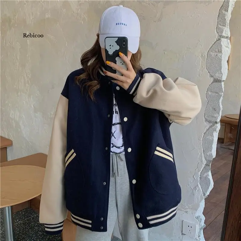 

Autumn Women Baseball Jacket Harajuku Casual Loose Pocket Printed Korean Oversize Bomber Sweatshirt Uniform Streetwear Tops