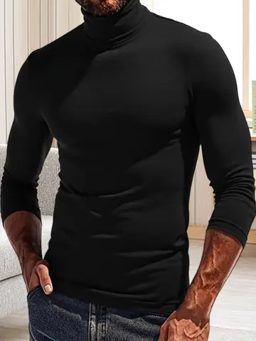 Camiseta de color sólido con cuello alto y manga larga para hombre, corte informal, para moda urbana y uso diario