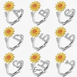 Sunflower Initial Letter Rotating Rings For Women Stainless Steel Anti Anxiety Spinner Adjustable Ring Birthday Jewelry Gift Bff