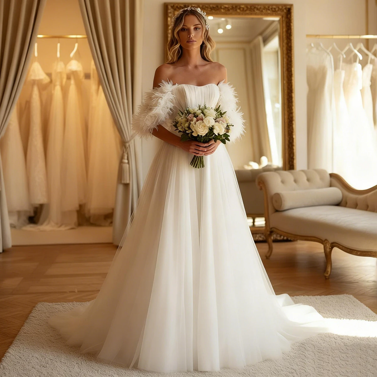 فستان زفاف أنيق منتفخ من التول مع ذيل طويل بدون أكتاف لحفلات الزفاف العروس من فيستدوس نوفيا