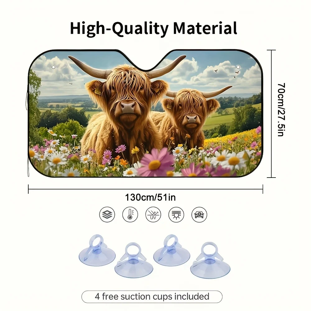 1pc Scottish Highland Car Sunshade Compatible For All - Foldable Shield With 4-Suction Cup Installation, Cute Scottish Highland