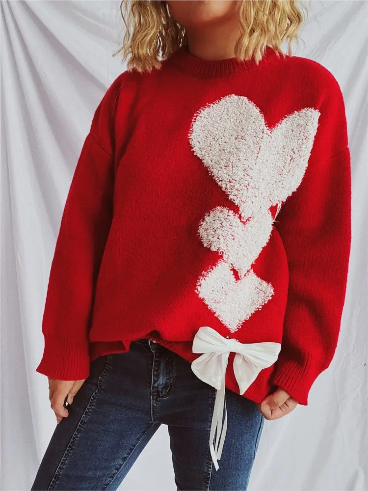 Ugly Christmas Heart Jacquard Sweater Women Fashion Bow Lace Up Knitted Pullover Autumn Winter 2024 New Loose Long Sleeve Jumper