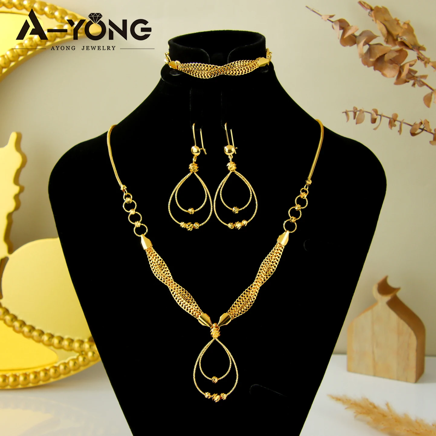 Dubai Mode Wassertropfen-Schmuckset 24k Vergoldet Arabische Exquisite Perlen Halskette Armband Ohrringe Oman Brautschmuck – Detail 3