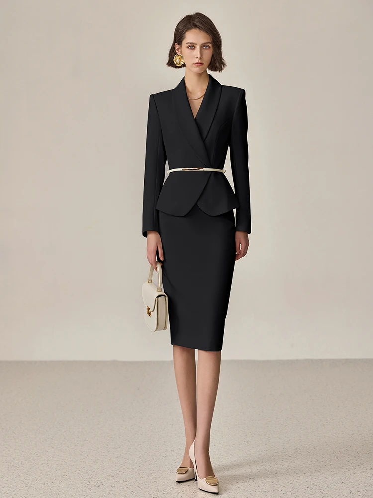 

Elegant Black Suit Set Dress Women's High-End Sensation Spring Commute Interview Professional Fitting Workwear by HanSuYu