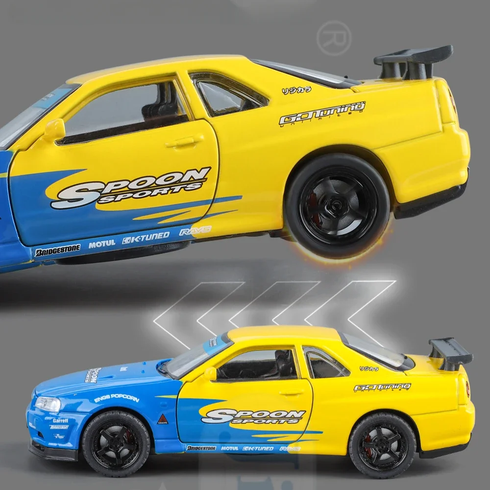 New 1:32 Nissan Skyline GTR R34 Alloy Sports Car Sound Light Pull Back High Simulation Miniature Diecast Car Childrens Toy Gift