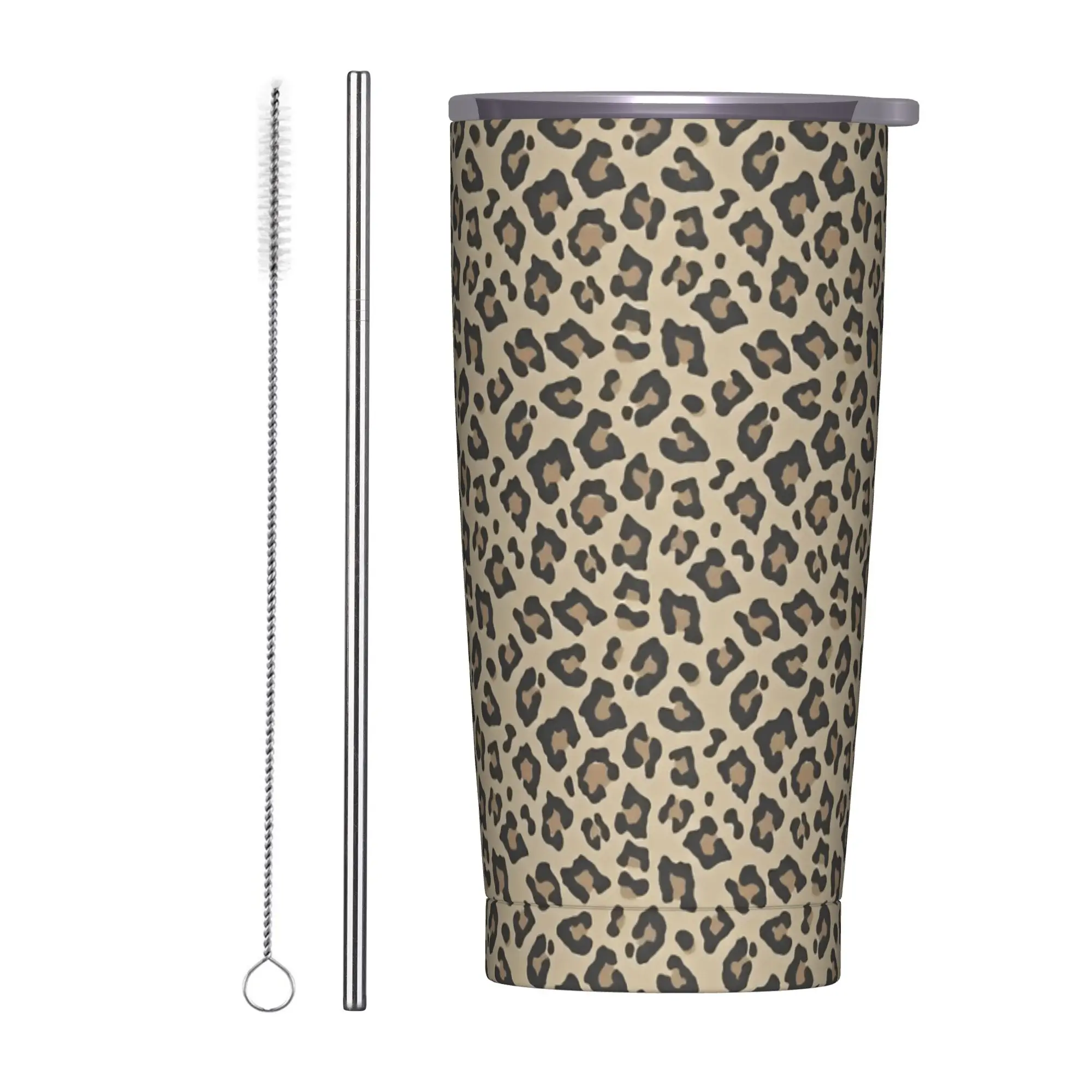 Neutral Leopard Print Insulated Tumbler with Straws  Vacuum Coffee Mugs Double Wall Bottle Cups, 20oz Simulated Print