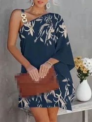 Summer New Women's Fashion Printed Metal Sheet Decorative Sexy Slant Neck Off Shoulder Casual Short Dress