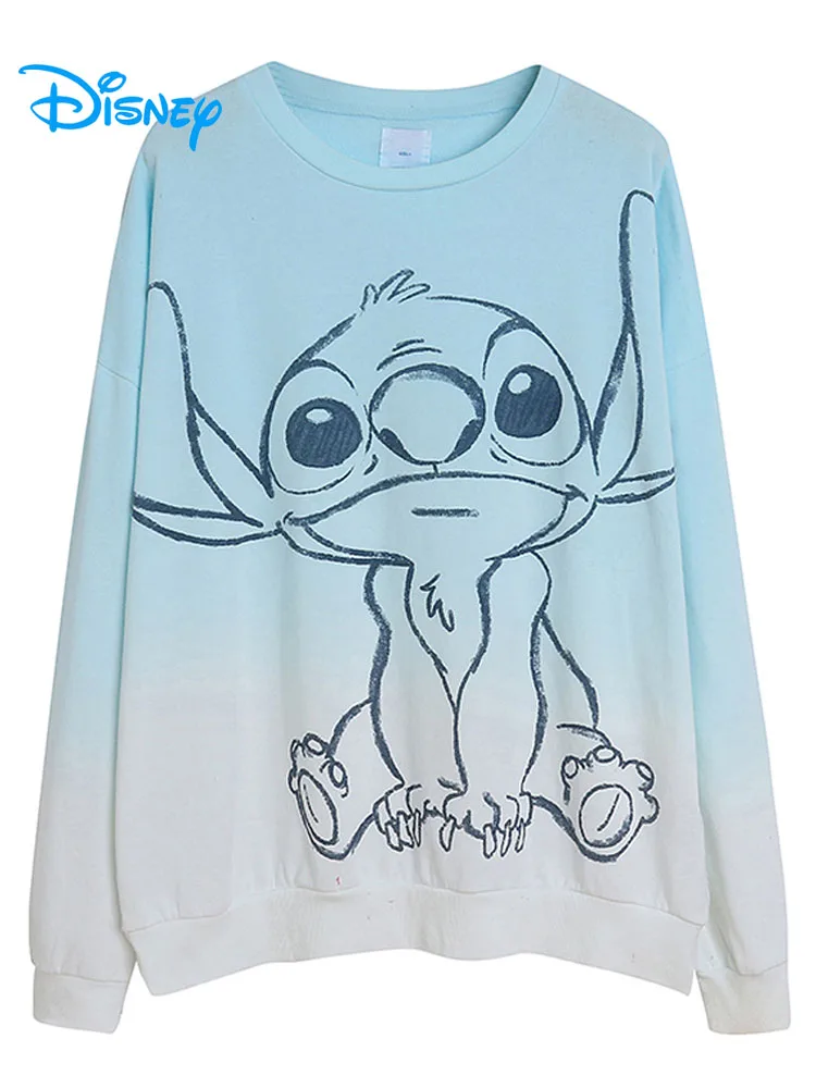 Disney Sweatshirt Women Cartoon Stitch Gradient Color Fleece Jumper Female Vintage Streetwear Casual O Neck Pullover Tops Femme