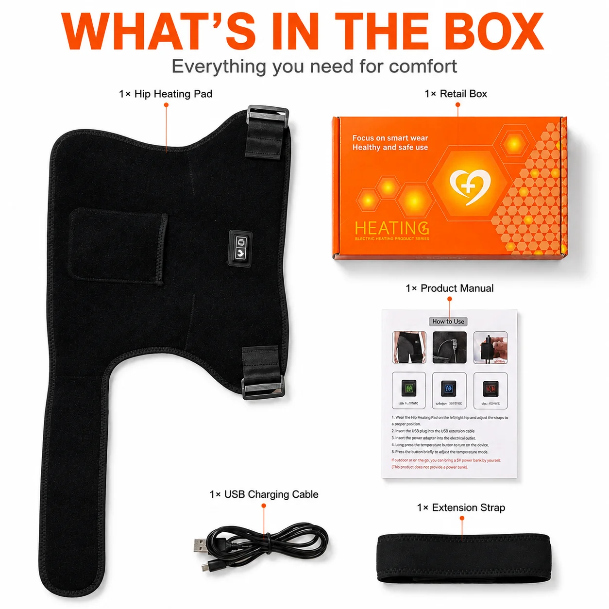 USB Powered Hip Thigh Heating Pad Red Light Massage Wrap 3 Heat Levels 3 Massage Modes Adjustable Wearable Wrap for Men Women