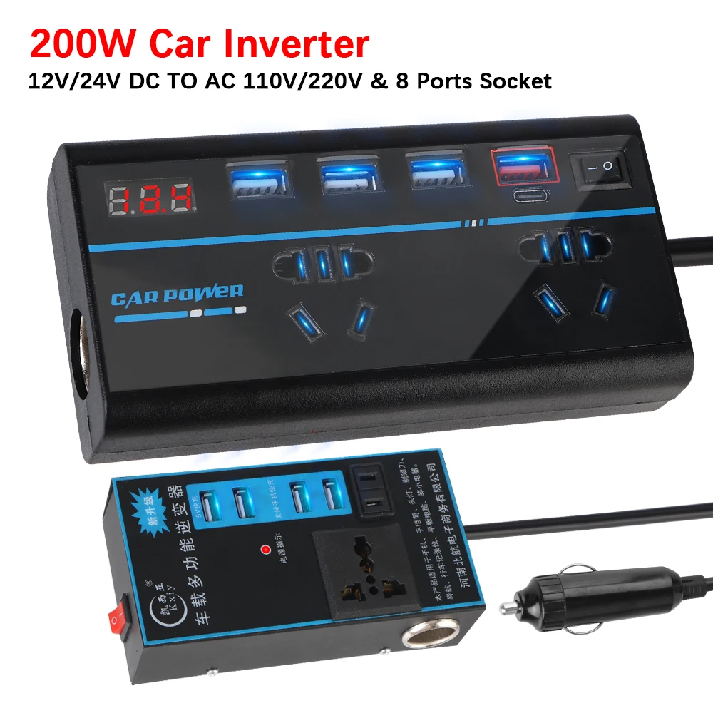 200W Car Inverter DC 12V/24V to AC 110V/220V Converter 8 Ports Sockets ON/OFF Switch USB/PD/Type-C Chargers QC 3.0 Power Adapter
