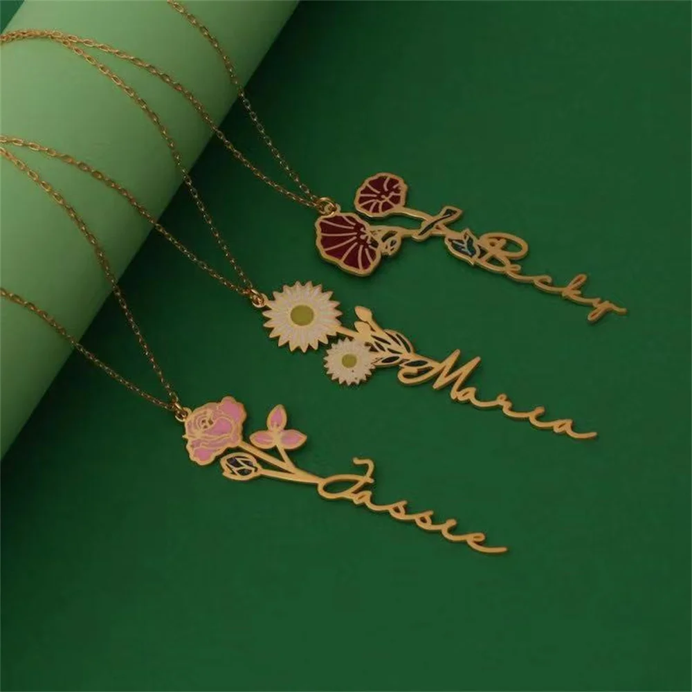 

AurolaCo Custom Birthflower Name Necklace Colorful Birthday Flower Gold Stainless Steel Necklace Women's Jewelry Gifts