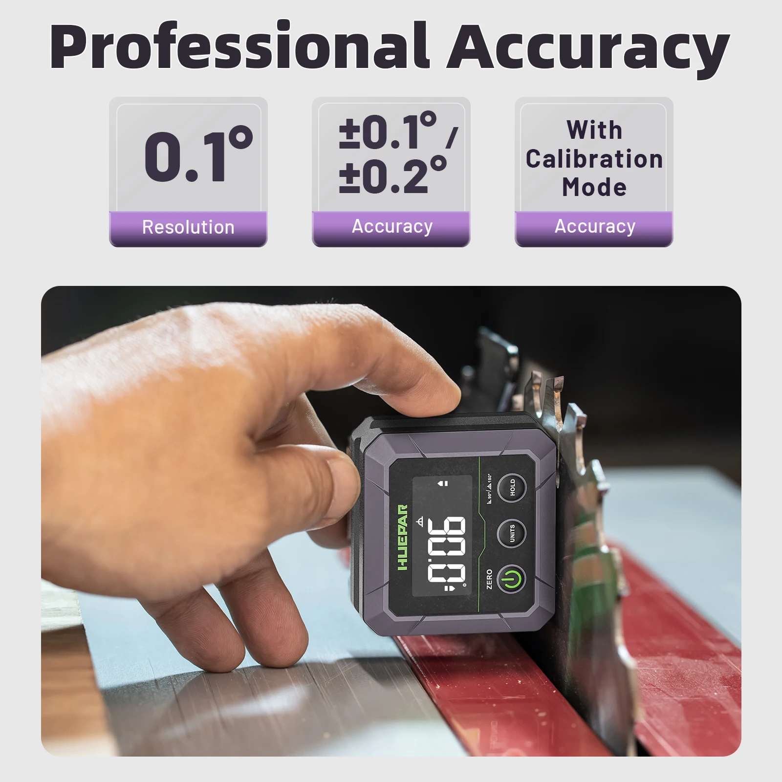 Huepar Buscador y inclinómetro digital, ±0,1 °   Alta precisión, base magnética, 360 °   Flip, Calibración, para Construcción DL141