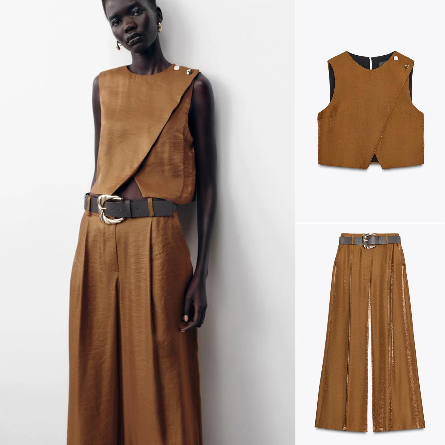 

Silk Satin ort Top round Ne Double Front Wide Leg Pants Belted Autumn Collection Ladies Faion Chinese Sle Clothing