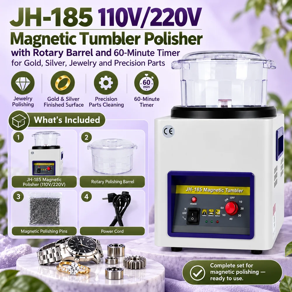 JH-185 110V/220V Magnetic Tumbler Polisher with Rotary Barrel and 60-Minute Timer for Gold, Silver, Jewelry and Precision Parts