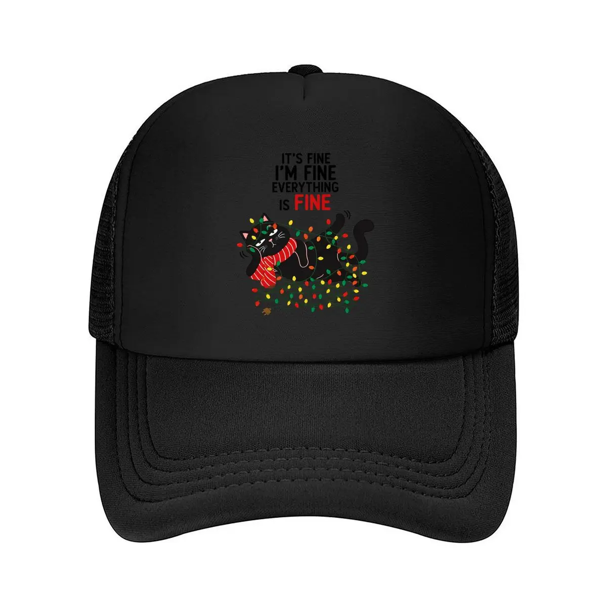 2025 Christmas Its Fine Im Fine Everything Is Fine Black Cat Tangled In Christmas Lights Graphic Mesh Baseball Cap Dad Hat