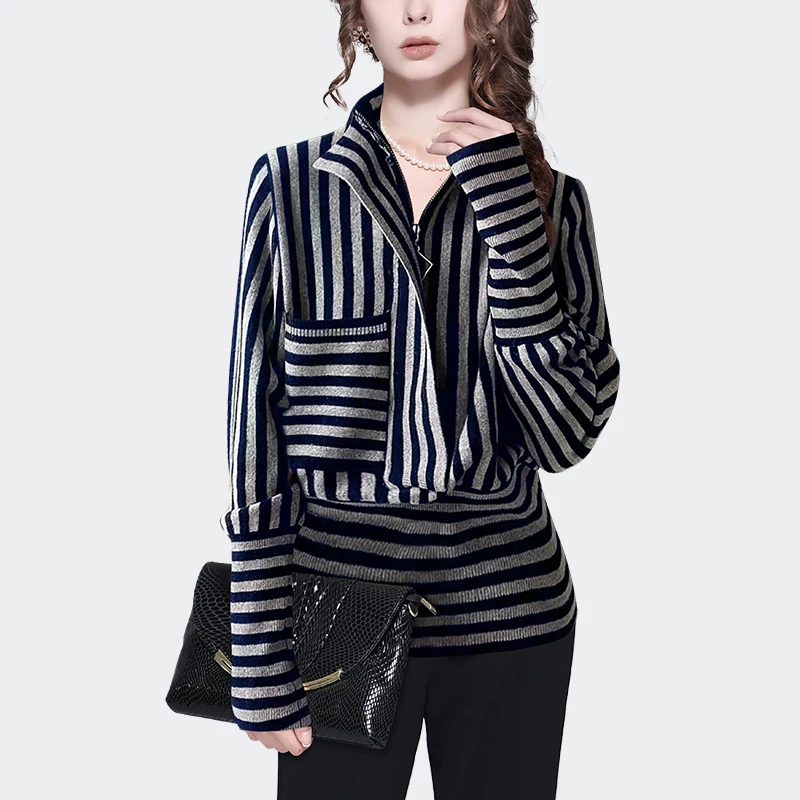 Fashion horizontal-perpendicular Black-white Striped Women Knitted Shirt Long Sleeve Stretching Pull-On Tops Outwear Sweaters