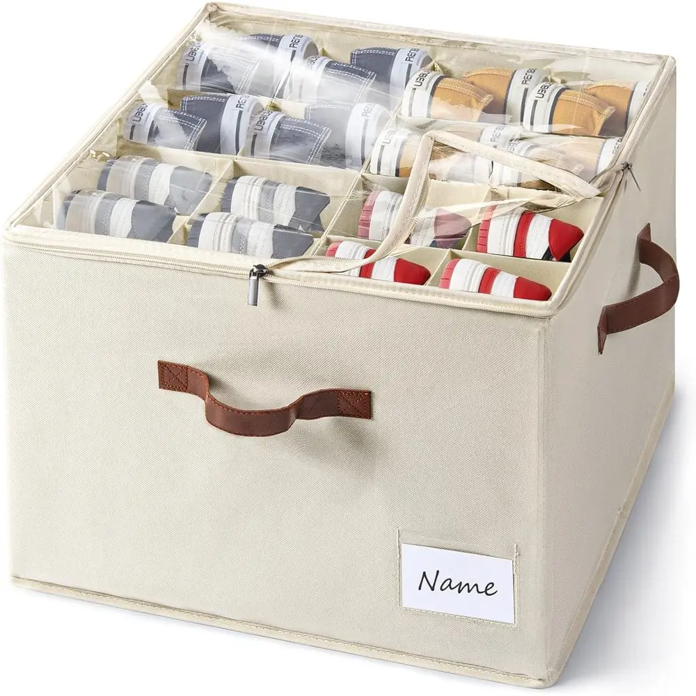 

Large Beige Shoe Organizer, 16-Pair Storage Box with Clear Lid and Adjustable Dividers for Closet
