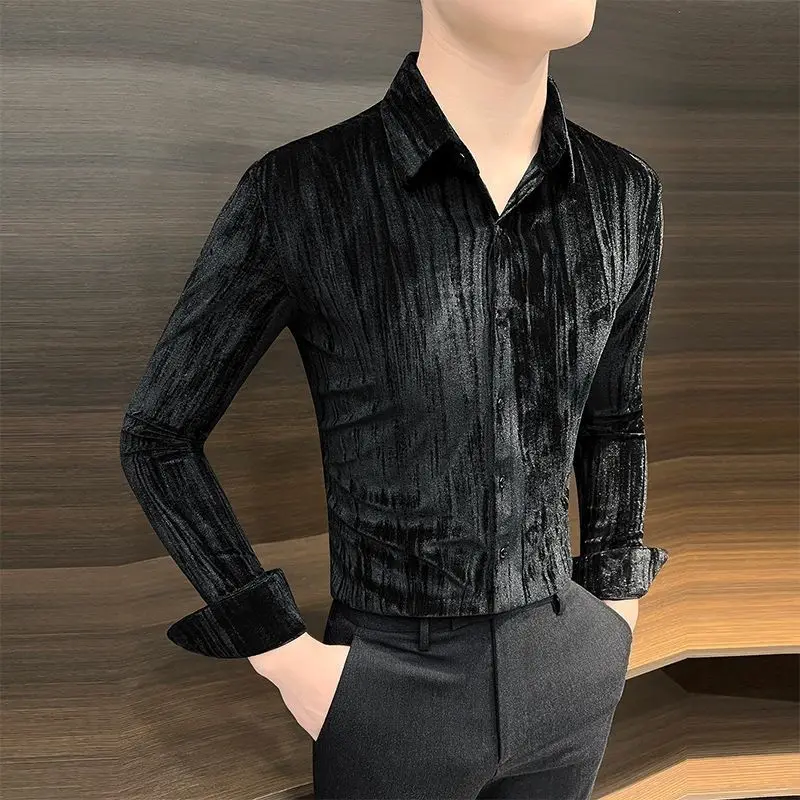 Smart décontracté printemps automne hommes chemises revers velours Surface brillante simple boutonnage mode luxe épaissir mince à manches longues hauts