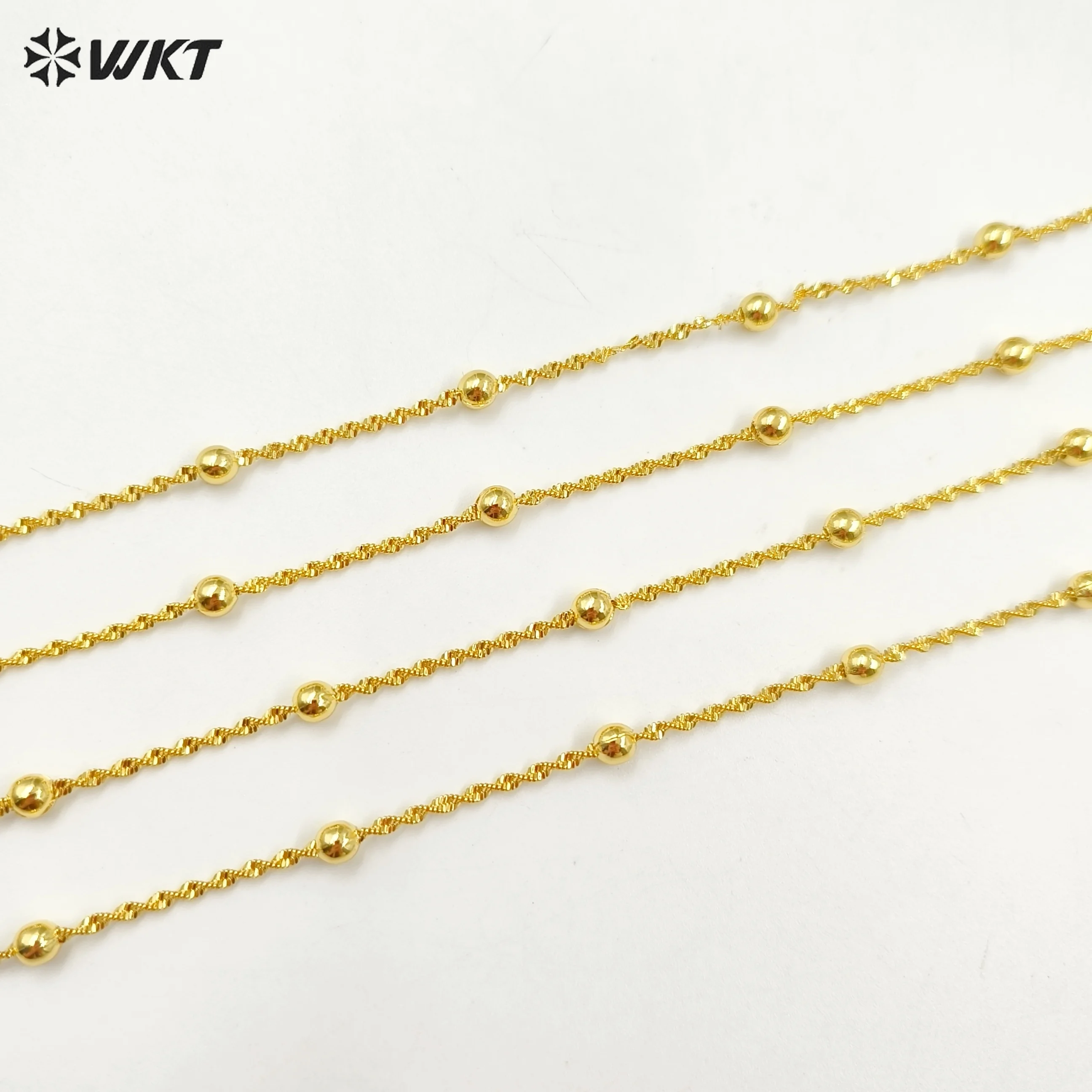 WT-BFN060 WKT New Handmade Round Beads Twisted 16 Inch Long Gold Plated Resist Tarnishable Chain Necklace 10pcs