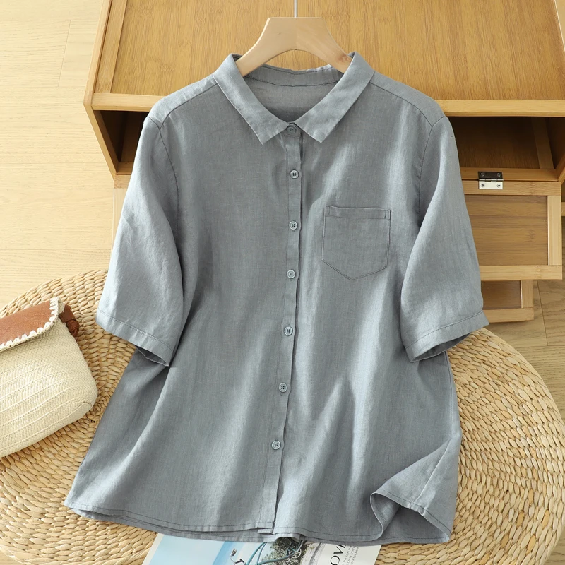 

Elegant Summer Women's Linen Shirt Short Sleeve High-End Luxury Feel New Mom's Summer Wear Artistic Style Thin Regular Sleeve