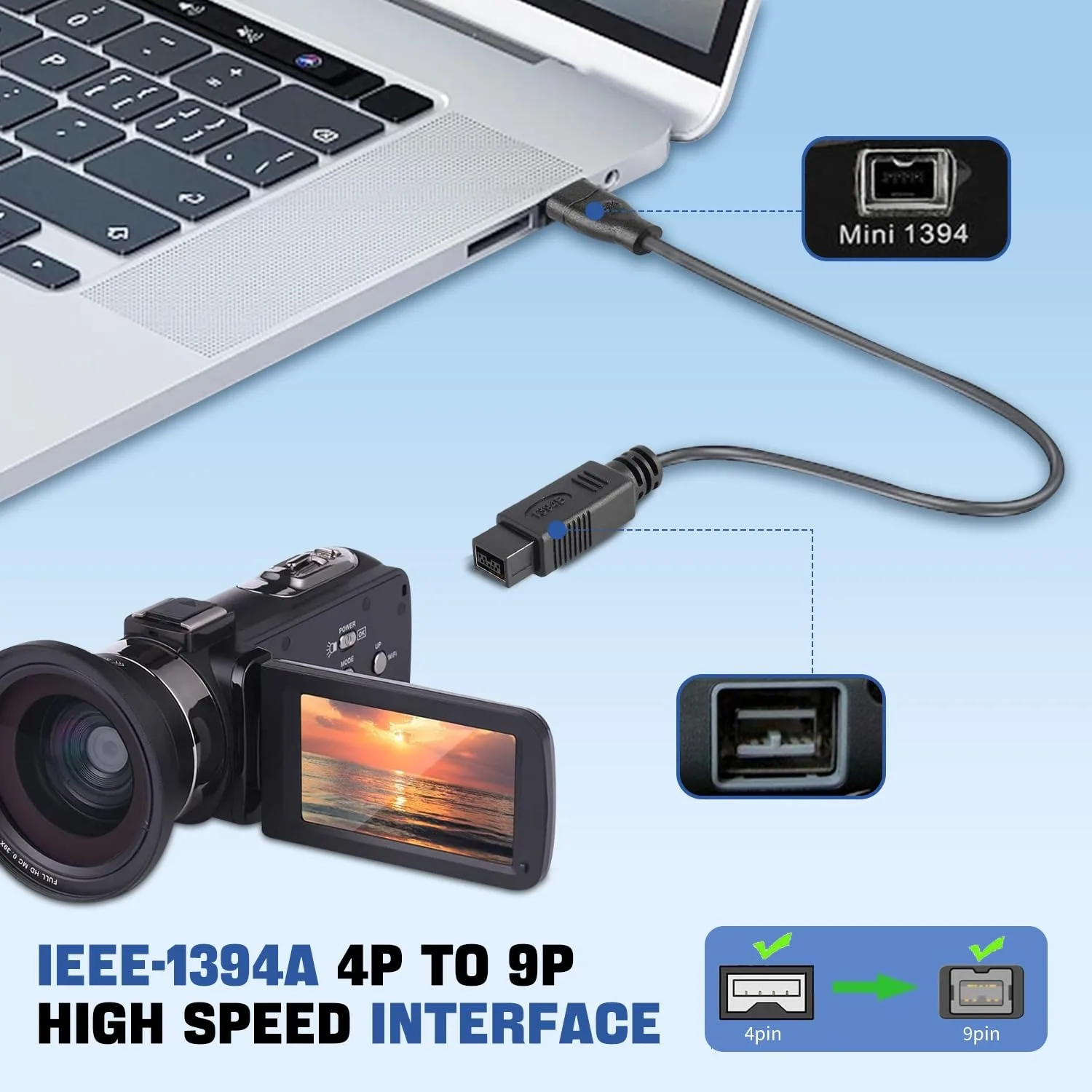 Kabel FireWire 800 na 400, 9-pinowy na 4-pinowy, wysokiej jakości kable IEEE 1394 do PC, DV, karty przechwytywania wideo iLink — zdjęcie produktu 4