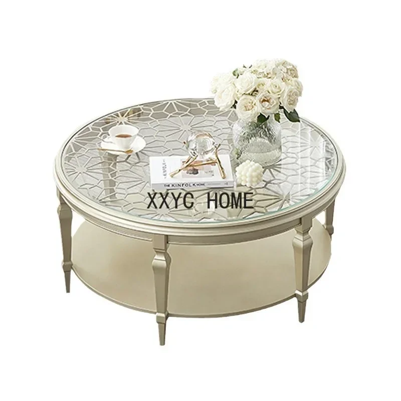 American-Style Wood Carved Hollow-out Small Apartment Light Luxury Modern round Tea Table French Small Coffee Table