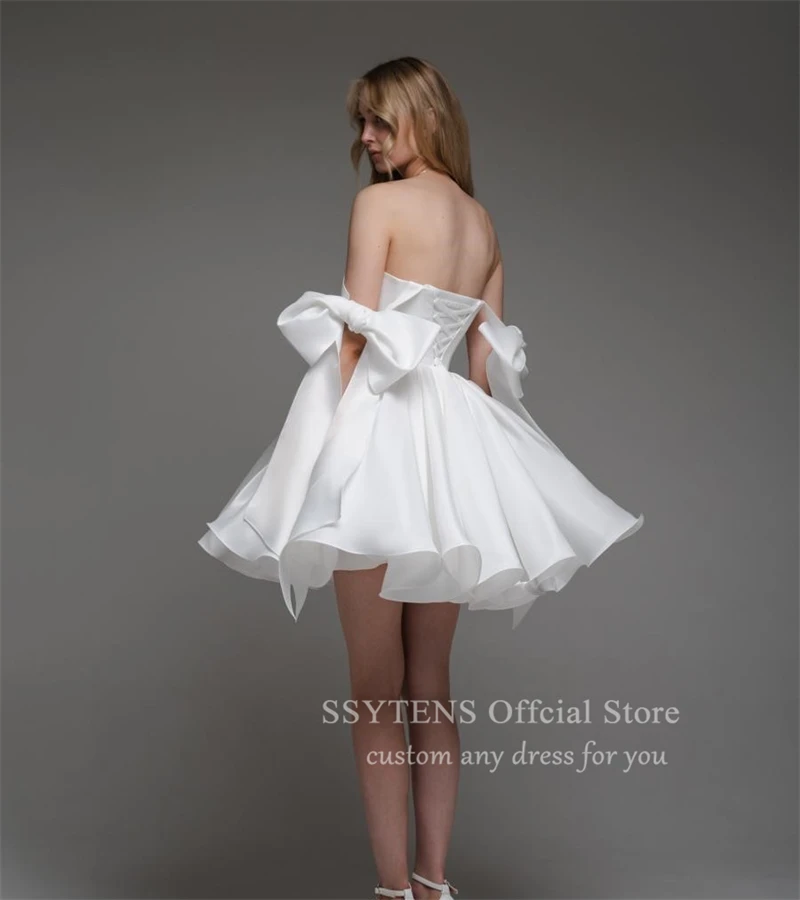 Vestidos de novia modernos de satén liso, minivestido de novia con tirantes y lazo, sin tirantes, Espalda descubierta, sin mangas, talla grande