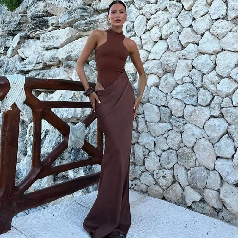 

Talenza Satin Sexy Hollow Out Women Maxi Dress Black Sleeveless High Waist Dress Female Autumn Skinny Elegant Party Clubwear