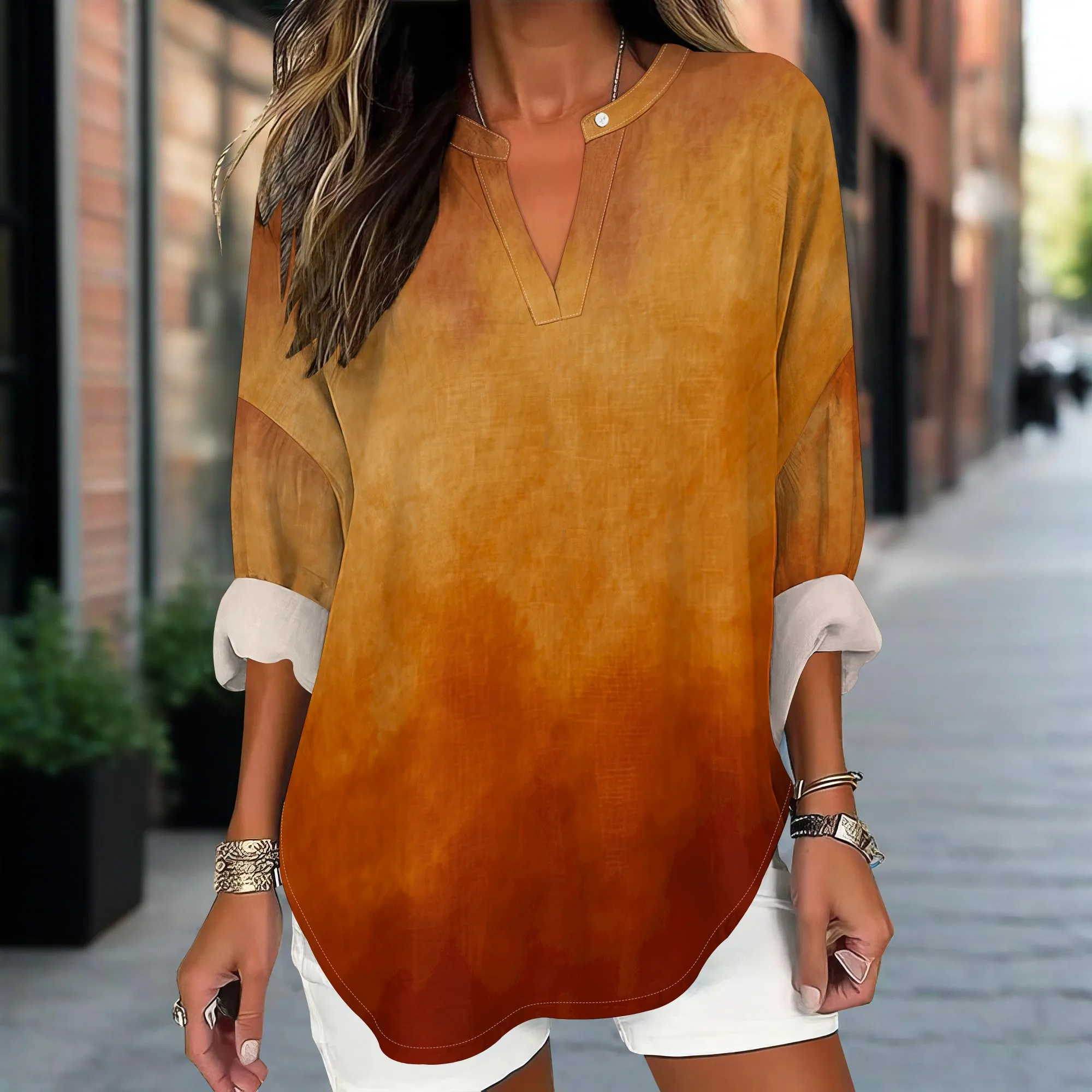 Tie Dye สไตล์เสื้อผู้หญิง V คอเสื้อแขนยาวน่ารักพิมพ์ Casual หลวม Fit Summer Beach Tunic Tops