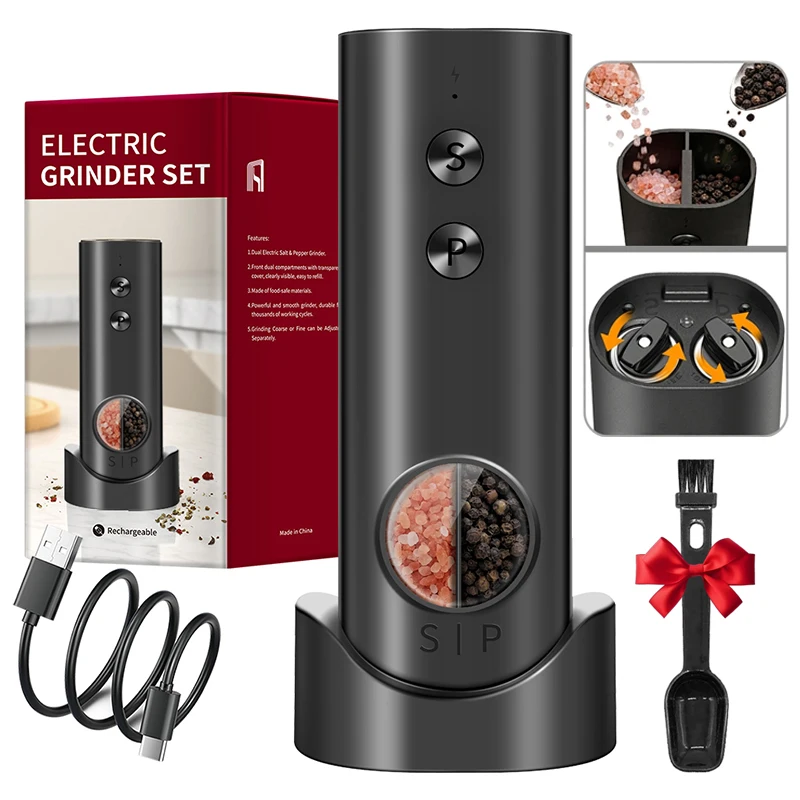 Electric Automatic 2-in-1 Pepper Salt Grinder Dual Chamber with Separate Grinding Heads USB Adjustable Mill for Kitchen Cooking