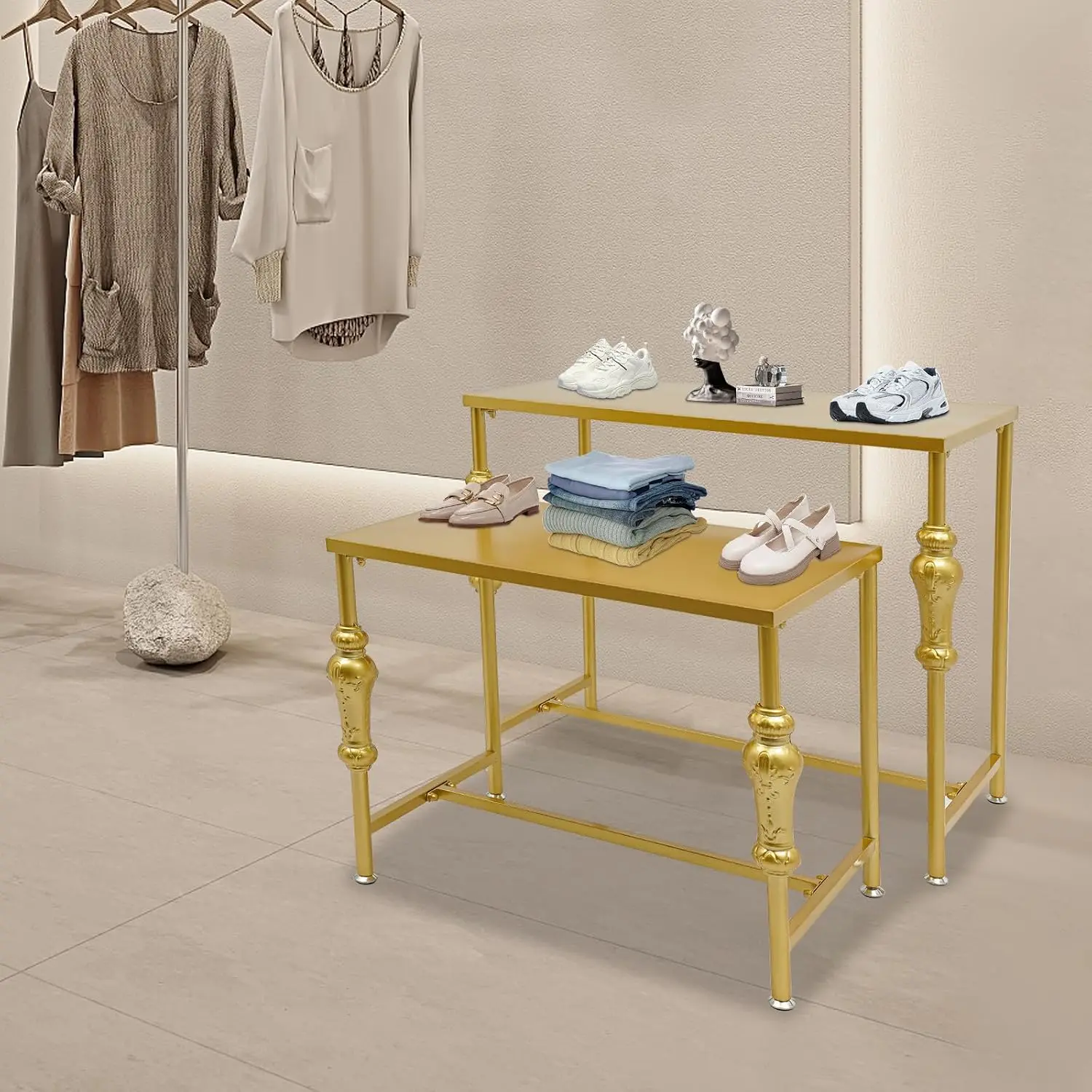 Industrial Display Table Set 2 Clothing Shoes Rack Heavy Duty Boutique Riser Shelf Garment Handbag Stand Store Gold, Customized