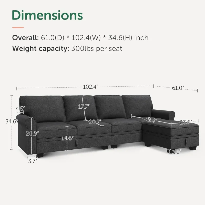 Sectional Couch with Storage Seat L Shaped Reversible Chaise Small for Living Room,Dark G