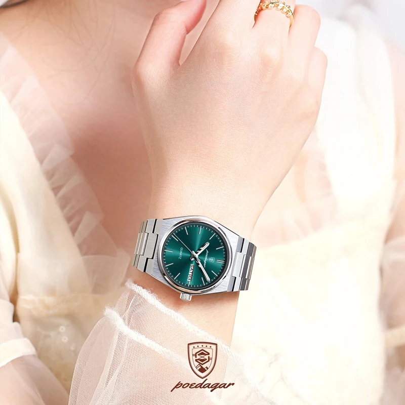 POEDAGAR 여성용 럭셔리 시계, 우아한 쿼츠 시계, 스테인레스 스틸, 방수 발광 날짜, 주간, 여성용 시계