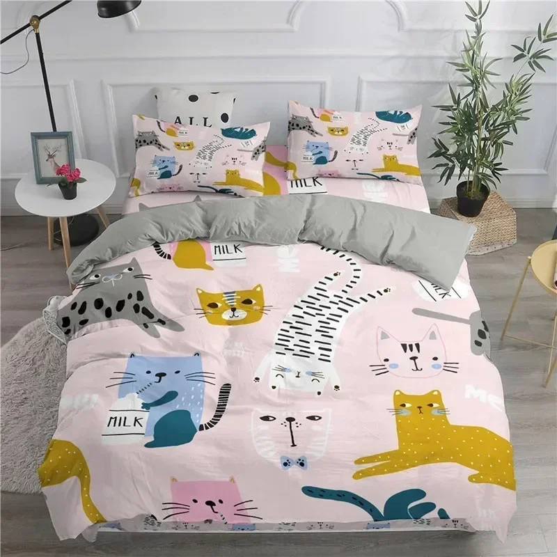 Cartoon Cat Dogs Toddler Bedding Set For Kids Teens Cartoon Kittens Animals Microfiber 3D Duvet Cover Pillowcases Bedroom Decor