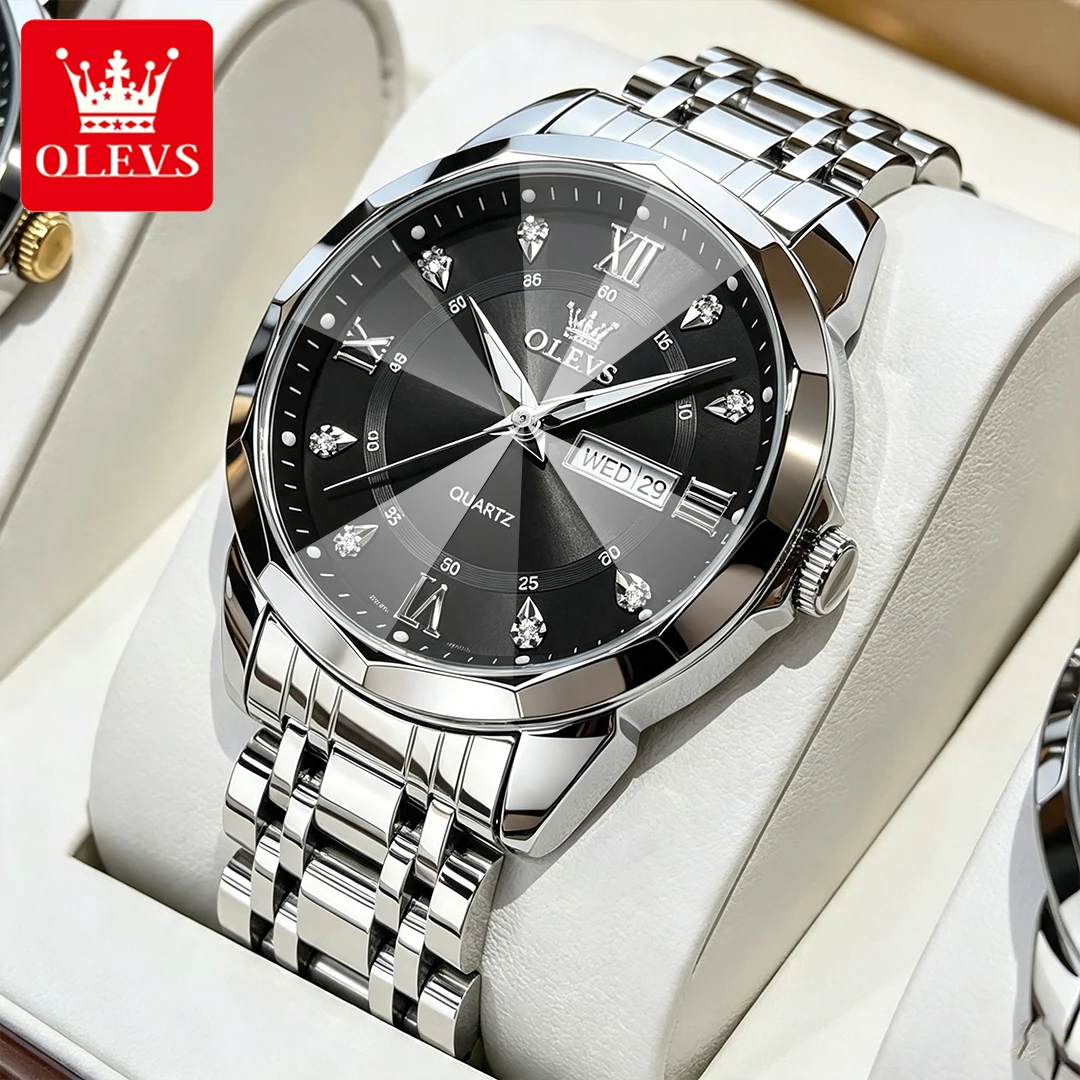 OLEVS Men's Watches Trend Fashion Original Quartz Wristwatch Waterproof Luminous Date Week Roman Diamond Scale Business Dress