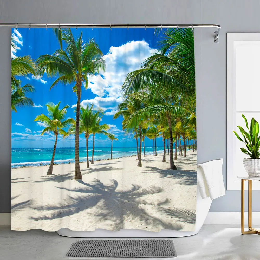 Seaside Beach Shower Curtain Palm Tree Bath Curtains White Window Hawaii Island Ocean Natural Scenery Fabric Bathroom Decor Sets