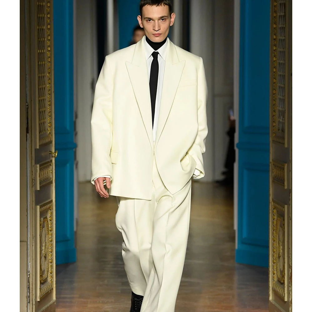 Cream White Men's Peak Lapel Bottonless Suit Jacket & Pant 2 Piece Set Oversized Formal Office Widding Male Clothing Outfits