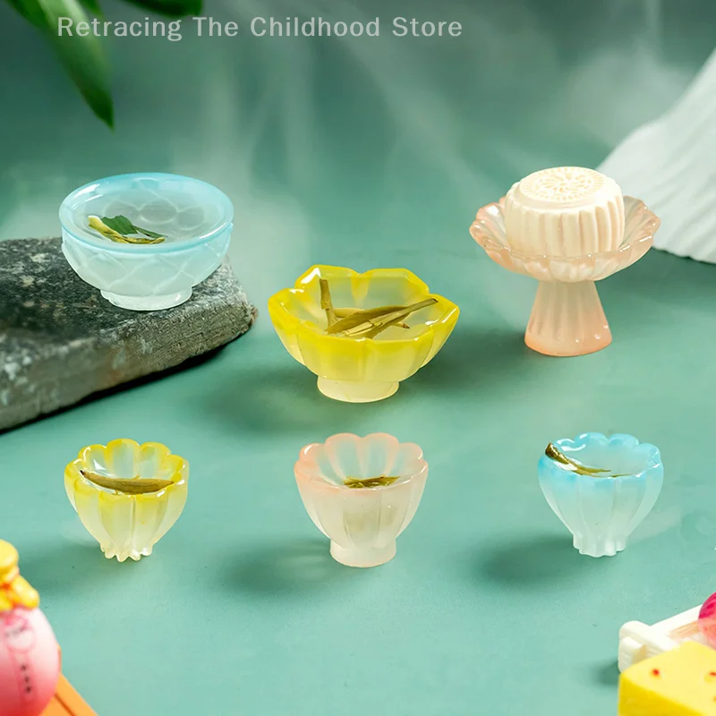 4 stks/set Poppenhuis Miniatuur Fruitschaal Plaat Hoge Lade Taart Plaat Thee Kom Model Keuken Accessoires Voor Poppenhuis Decor Speelgoed