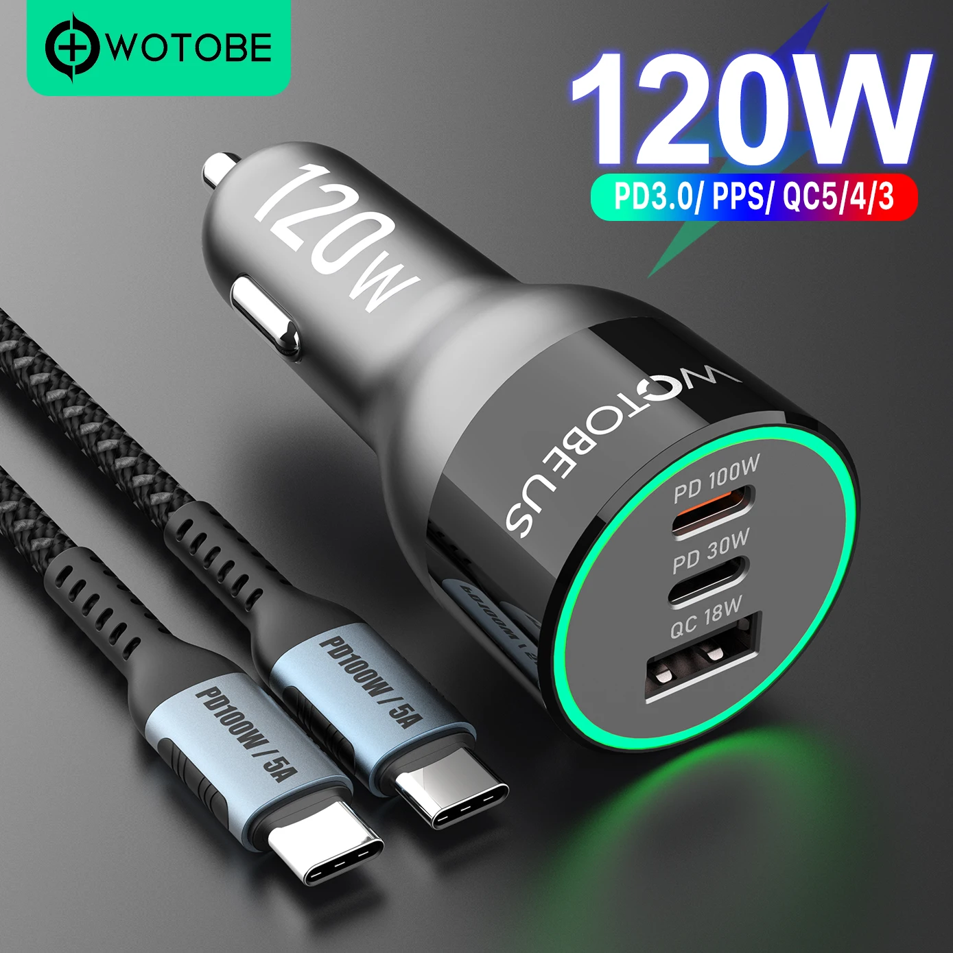 WOTOBE USB C Car Charger 120W, QC5 PD 100W PPS 65W45W 30W QC3.0 18W for mi12 Matebook Type-C laptop MacBook iphone 14 Galaxy S22