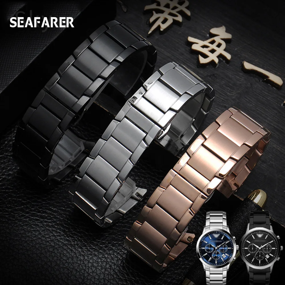 22mm Watch Bands Stainless Steel For Armani AR2452 2453 2448 Watch Strap Watchband Butterfly Buckle Scrub Black Silver Rose Gold