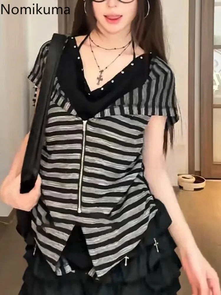 

Harajuku Striped Tshirts Women Clothes Sleeveless Loose Zipper Patchwork Striped Tees Summer Camisetas Fake Two T-shirt Y2k Tops