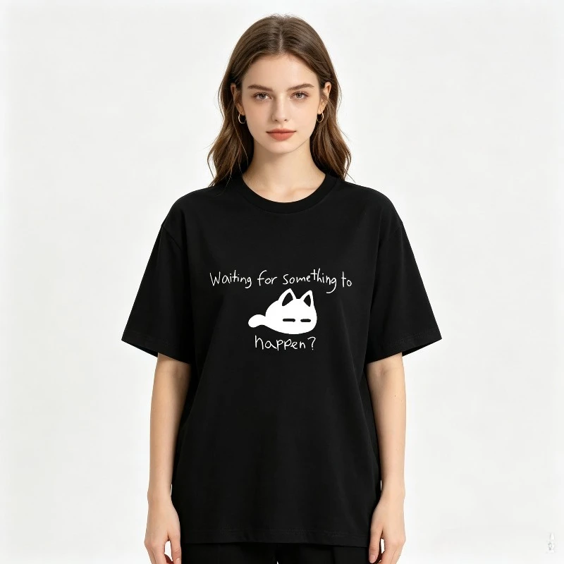 Women Cat Print T-Shirt Waiting for Something to Happen Letter Print Summer Cotton Tee