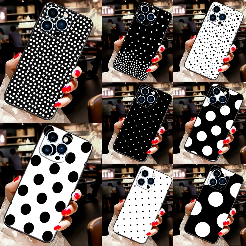 Capa protetora em preto e branco de bolinhas para iPhone, iPhone 11, 14, 12, 13 Pro Max, Mini, X, XR, XS Max, 7, 8 Plus, SE, 2020