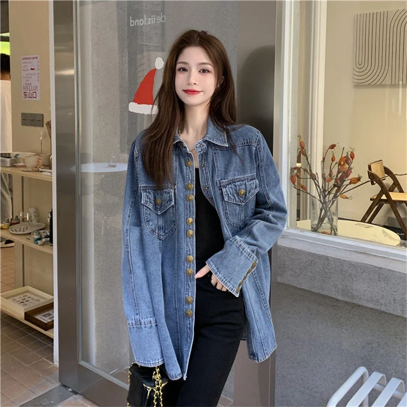 British Design Dark Blue Denim Shirt Women Chic Single-Breasted Vintage Blouses 2023 Spring Tops Long Sleeve Casual Jean Blusas