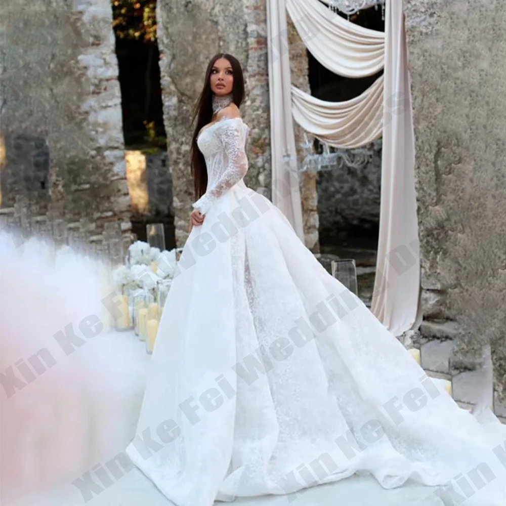 Luxury Lace Pleated Wedding Dresses Exquisite Long Sleeve Vestido de Novia Bustier Corset Bride Dress Vestidos Customized Robe