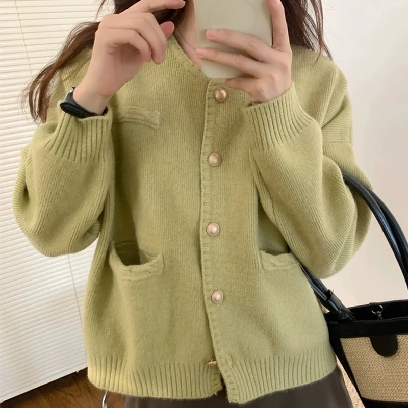 

Basic O-Neck Long Sleeve Cardigan Women 2025 Single Breasted Knitted Sweater Woman Concise Solid Color Soft Cardigan Mujer